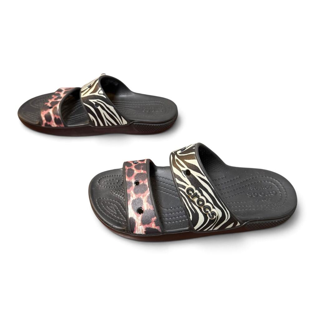 Crocs Women's 6 Classic Animal Remix Slide on Sandals Zebra Cheetah with Charm - Picture 3 of 9
